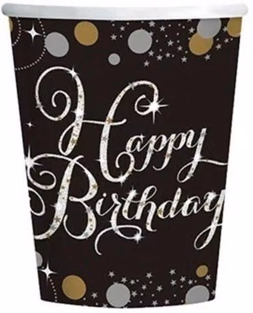 Amscan Sparkling Celebration Happy Birthday Paper Cups, Pack of 8, Black