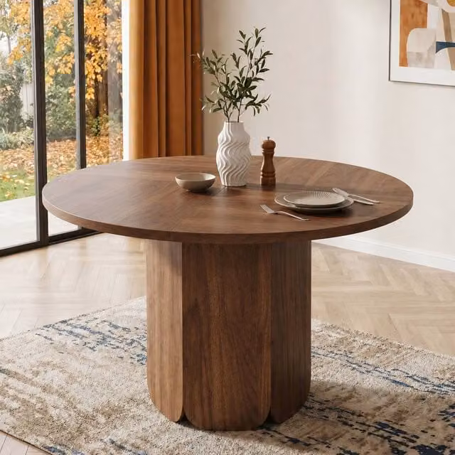 Matteo Round Dining Table in Brown Walnut Wood Effect, 4-6 Seater Rustic Style, Diameter: 120 cm
