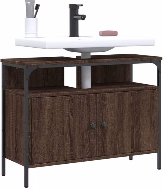 Berkfield Home Wall Mounted Bathroom Sink Cabinet in Brown Oak, W: 80 cm, D: 30 cm, H: 60 cm