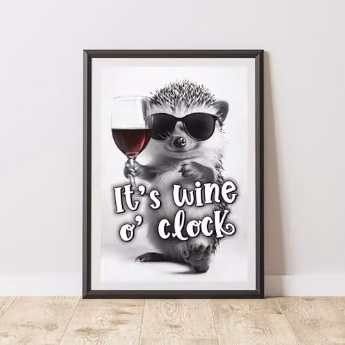 60 Second Makeover It's Wine OClock Funny Hedgehog Paper Poster, Black and White, A3