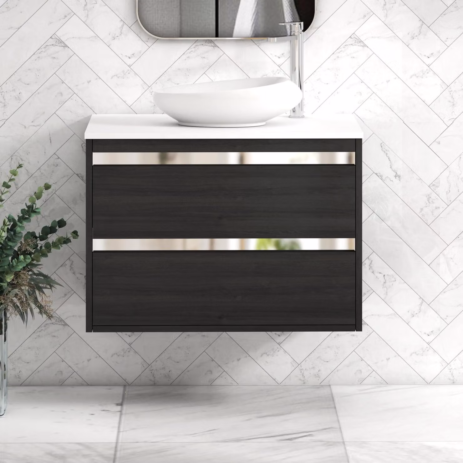 Royal Bathrooms Orion 800mm Hale Wall Hung Vanity Unit with Nova Basin in Black and White with Chrome Accent Trim