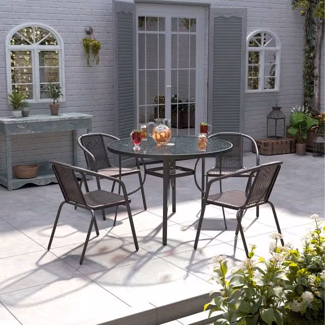 Livingandhome Modern 4-Seater Outdoor Bistro Set with Round Glass Table and Stacking Chairs in Black and Transparent