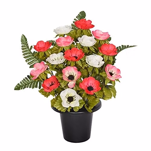 Sincere Floral Artificial Pink Rose and Anemone Memorial Grave Pot with 16 Flowers, Height: 29 cm