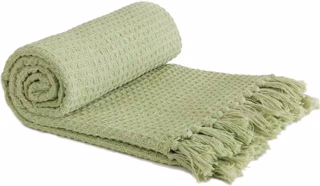 Emma Barclay Honeycomb Woven Cotton Throwover with Fringes, Green, W/D/H: 178 x 254 cm