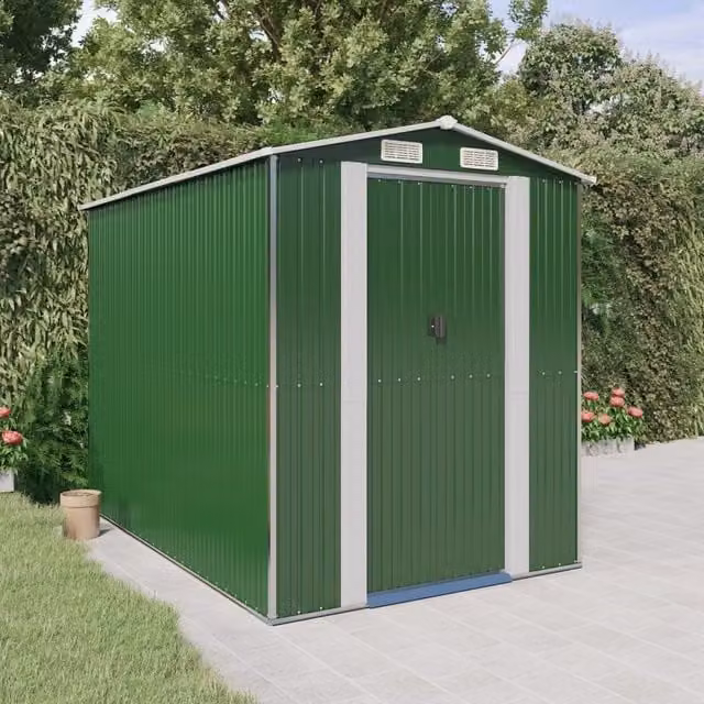Berkfield Home Green Galvanised Steel Gable Garden Shed with Sliding Doors W/D/H: 192 x 274 x 223 cm