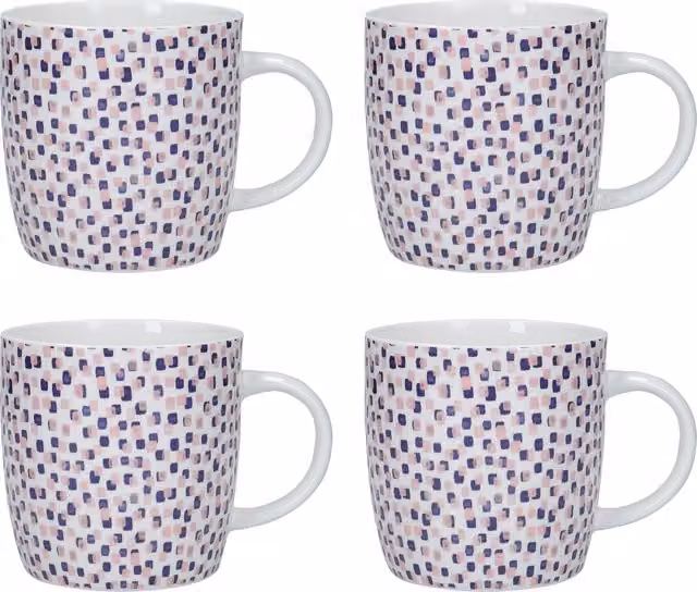 KitchenCraft Ceramic Barrel Mugs, Set of 4, Multicolour and White Geometric Design