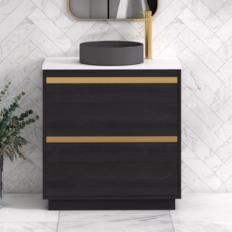 Royal Bathrooms Orion 800mm Hale Black and White Floor Standing Vanity Unit with 2 Drawers, Art Round Basin and Brushed Brass Accent Trim