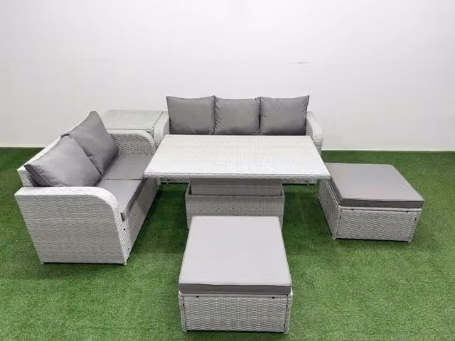 Fimous 7 Seater Grey PE Rattan Wicker Garden Furniture Set with Adjustable Lifting Dining or Coffee Table