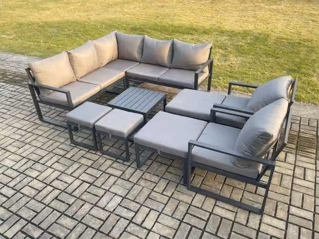 Fimous 11 Seater Outdoor Aluminium Garden Furniture Set in Dark Grey with Corner Lounge Sofa, Square Coffee Table and 2 Matching Ottomans