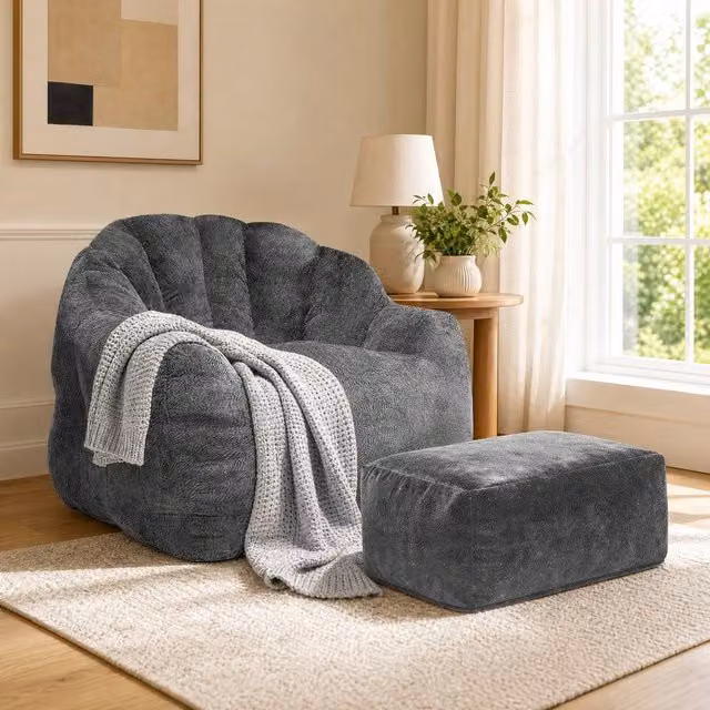 STILVORA Oversized Grey Fabric Bean Bag Chair with Footstool and Armrests – 1