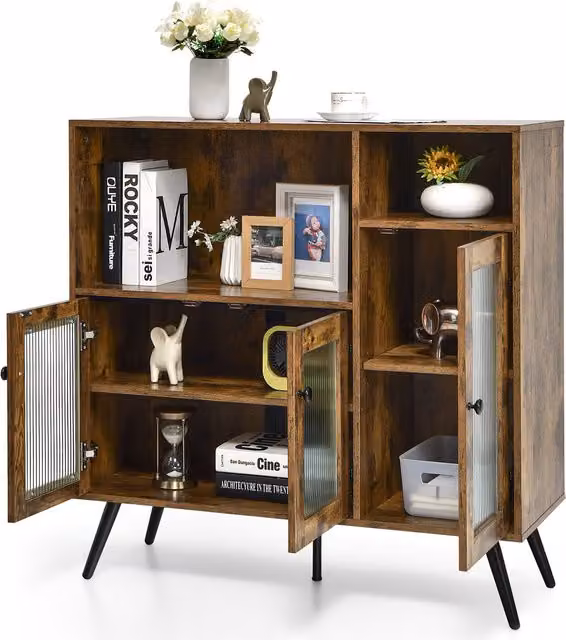 Costway Industrial Kitchen Storage Cabinet in Brown with MDF, Metal and Glass