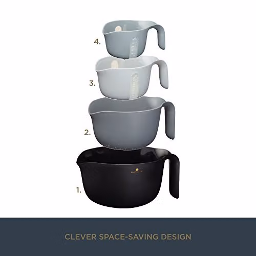 MasterClass Smart Space 4-in-1 Nesting Mixing Bowl, Colander and Measuring Jug Set in Black and Grey – 3