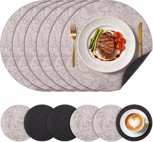 KORVIXA 6-Pack Round Faux Leather Placemats and Coasters in Grey