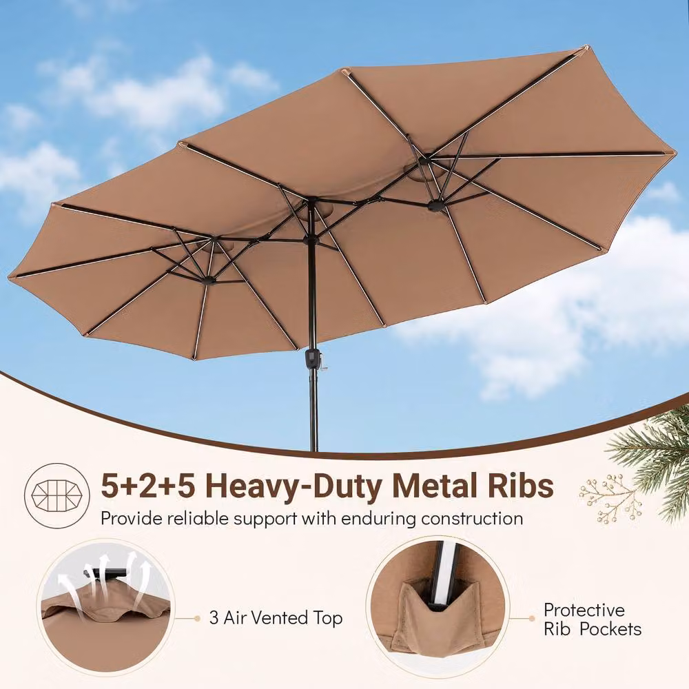 Costway 15ft Double-Sided Cantilever Outdoor Patio Umbrella with 144 Solar LED Lights in Brown, W/D/H: 470 x 457.2 x 254 cm – 4