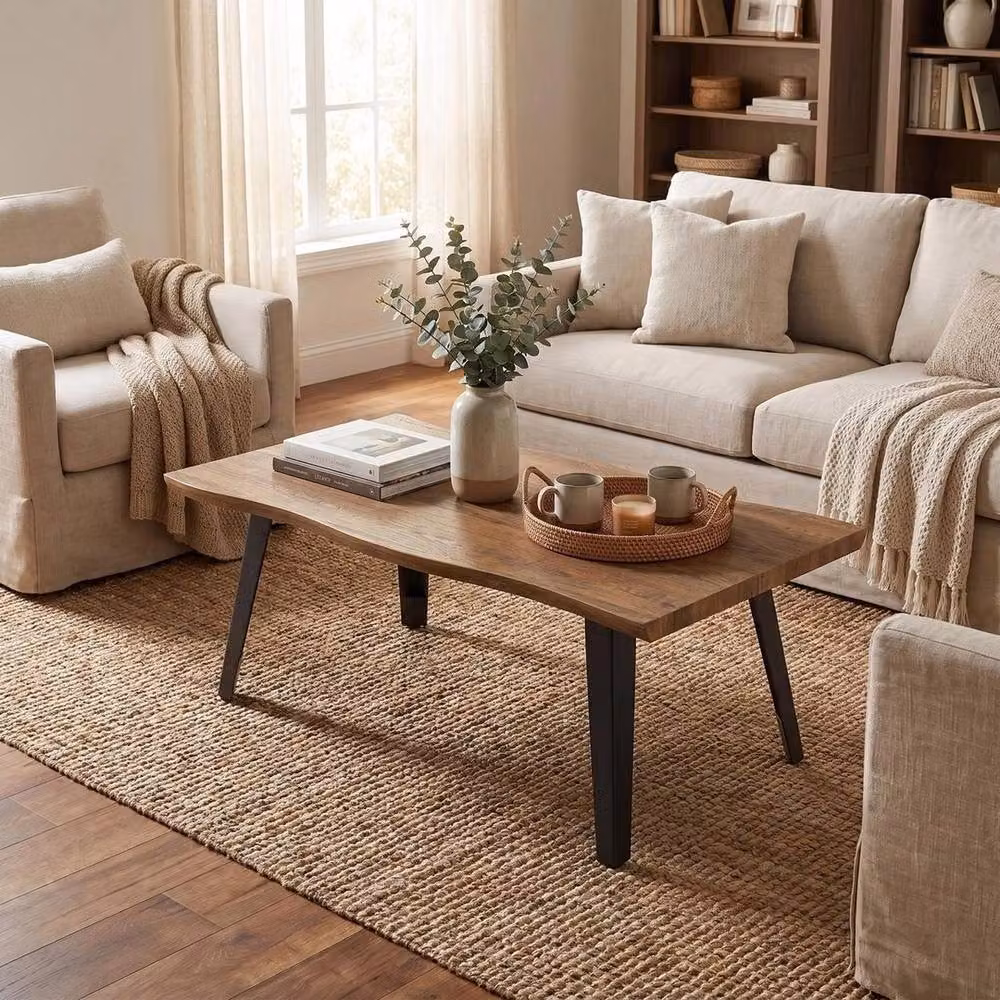 KORVIXA Brown Live Edge Coffee Table with Black Metal Frame, W/D/H: 100 x 100 x 3.2 cm – 3