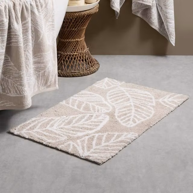 Fusion Matteo Non-Slip Cotton Bath Mat in Green and Beige Floral Design