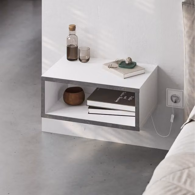 Decortie Brik Modern Floating LED Bedside Table with Open Shelf, White