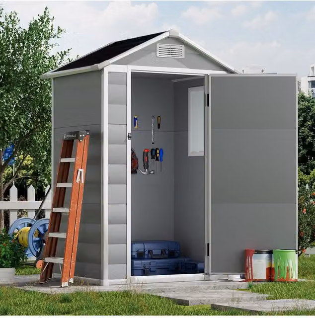 Living and Home Grey Plastic Apex Roof Garden Storage Shed with Lockable Door, W/D/H: 121.92 x 121.92 x 202 cm