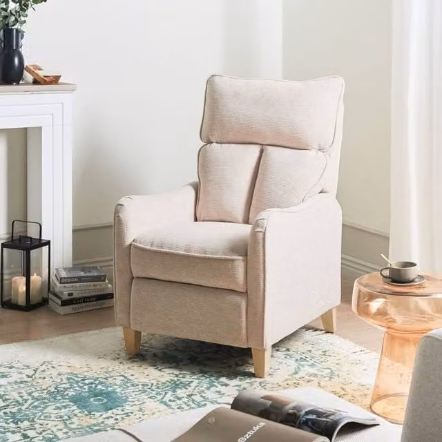 Wyld and Coco Reclining High-Back Armchair in Beige Fabric with Pull-Out Footstool and Solid Wood Frame