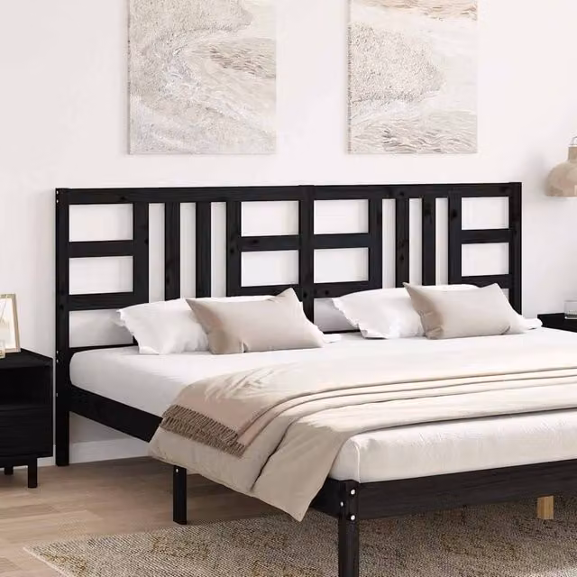 Berkfield Home Beautiful Black Solid Wood Pine Bed Headboard W: 206 cm, D: 4 cm, H: 100 cm
