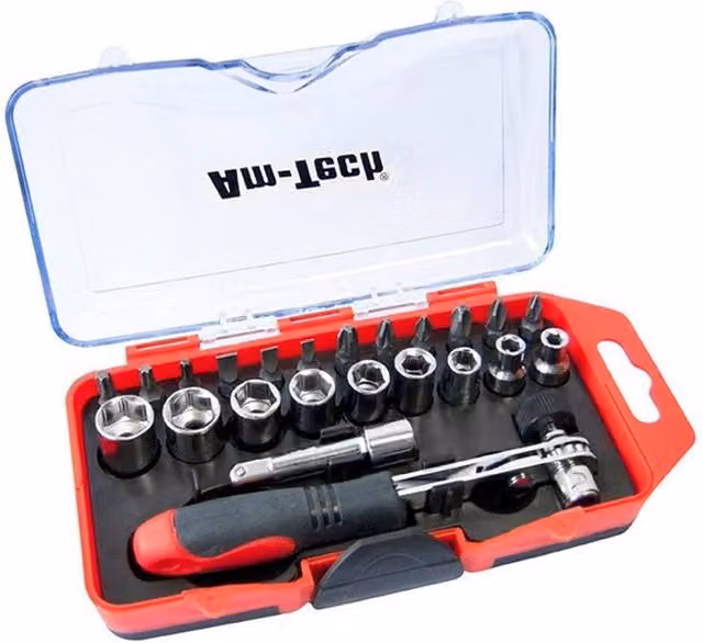 Amtech Offset Ratchet Handle Bit and Socket Set, 23-Piece, Red and Multicolour