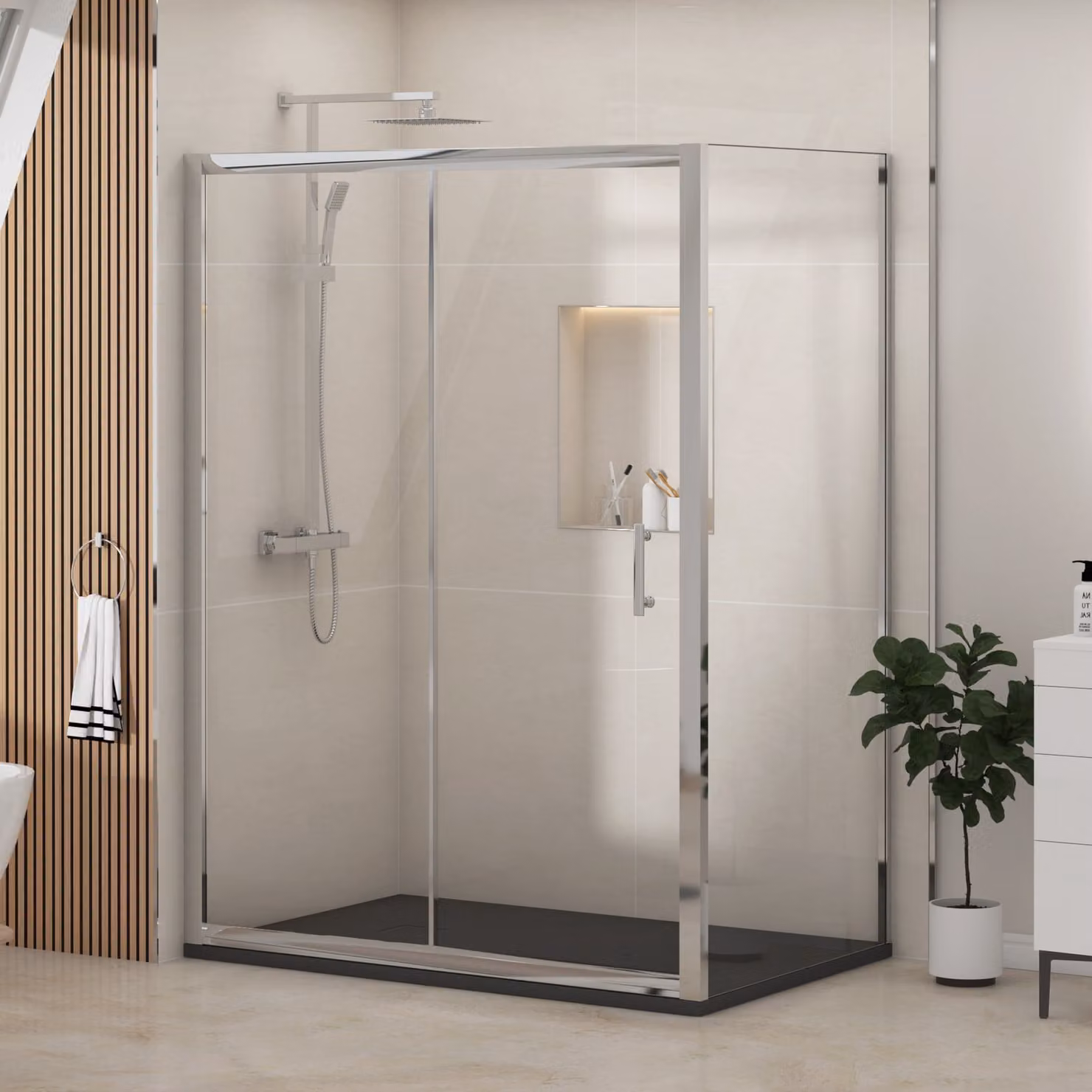Royal Bathrooms Grand Sliding Door Shower Enclosure with Side Panel and Black Slate Effect Mineral Cast Stone Shower Tray, W: 120 cm, D: 90 cm, H: 185 cm, 6mm Glass
