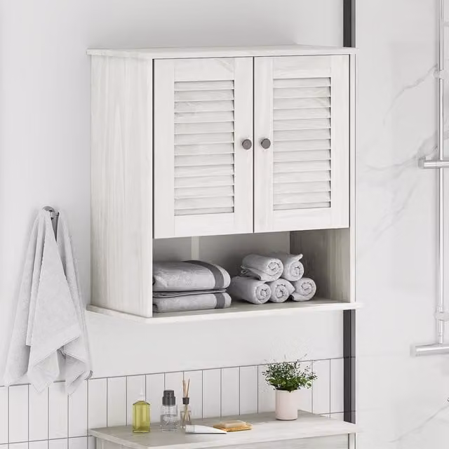Berkfield Home White Solid Pine Wood Wall-Mounted Bathroom Storage Cabinet with Shaver Socket, W/D/H: 71.5 x 34.0 x 67.5 cm