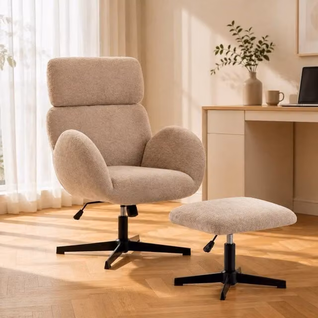 STILVORA Beige Velvet Swivel Armchair with Ottoman and Metal Frame