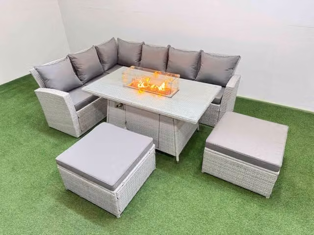 Fimous 8 Seat Rattan Garden Furniture Corner Sofa Set with Gas Fire Pit Table and 2 Footstools, Light Grey