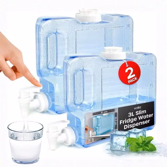 Volila 3L Slim Fridge Water Dispenser with Tap, Clear Cold Drink Container for Travel and Camping