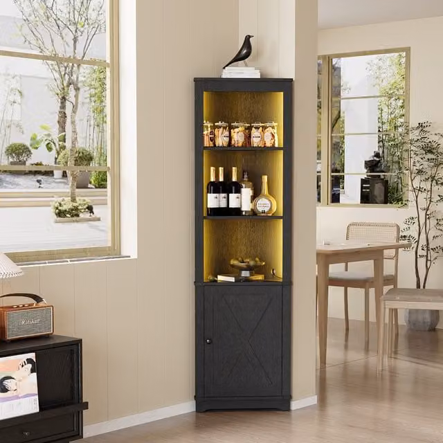 Komore Modern Black LED Wine Storage Cabinet with Glass Doors and Integrated Lighting
