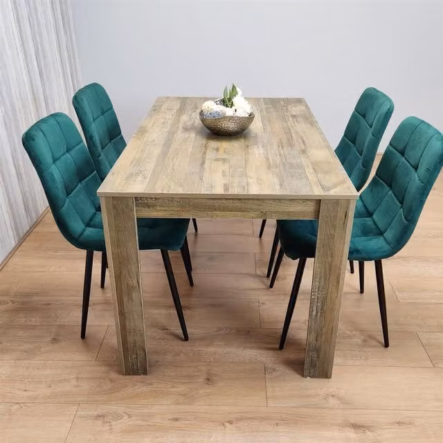 KOSY KOALA Rustic Brown Wood Dining Table Set with 4 Grey Velvet Chairs, W/D/H: 80 x 80 x 75 cm