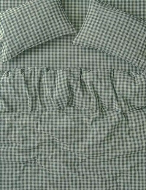 Piglet In Bed Pembroke Linen Rich Gingham Checked Duvet Cover in Dark Green Mix