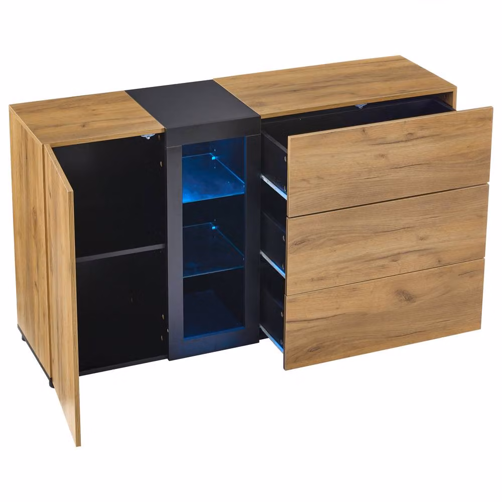 STILVORA Modern Brown Sideboard with Integrated LED Lights and Glass Shelves, Width: 140 cm – 6
