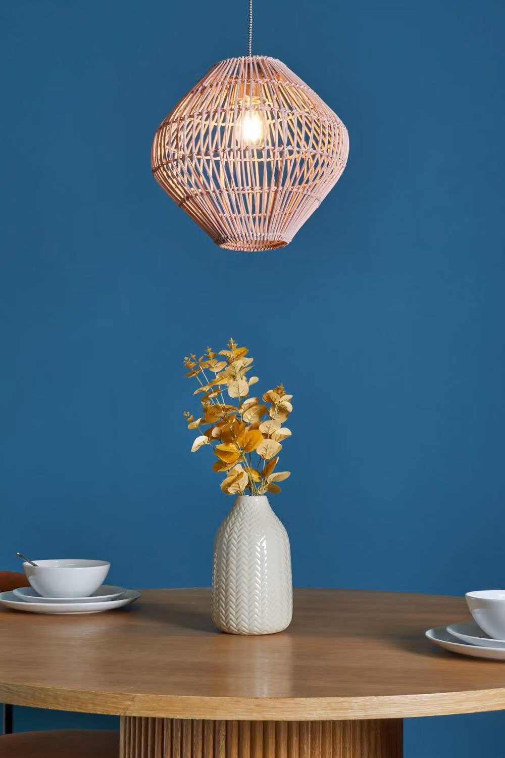 BHS Lighting Bobbin Herringbone Bamboo Rattan Pendant Ceiling Light, Pink, W/D/H: 32.5 x 32.5 x 32 cm – 2
