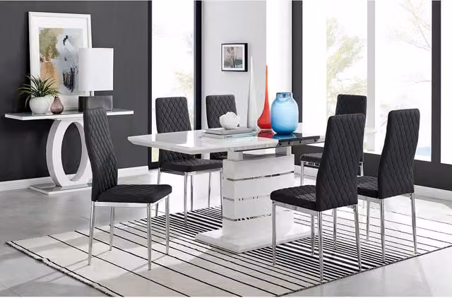 FurnitureboxUK Renato High Gloss Extending Kitchen Dining Table and 8 Milan Chairs in Black