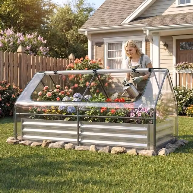 SPETLEK Planter Box with Mini Greenhouse in Clear, W/D/H: 174 x 84 x 30 cm