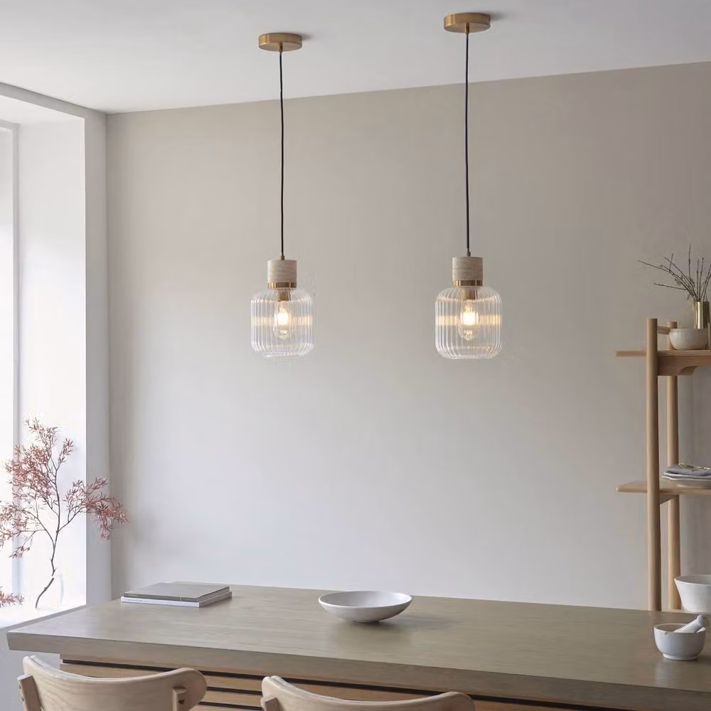 Netlighting Travi Slim Pendant Light in Gold and Brass with Transparent Ribbed Glass and E27 Socket – 2