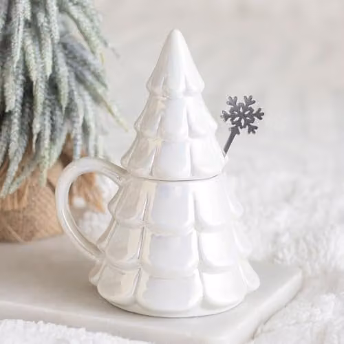 Kingsbury Gifts Iridescent Fir Tree Mug and Snowflake Spoon Set with Lid, White and Multicolour, Ceramic