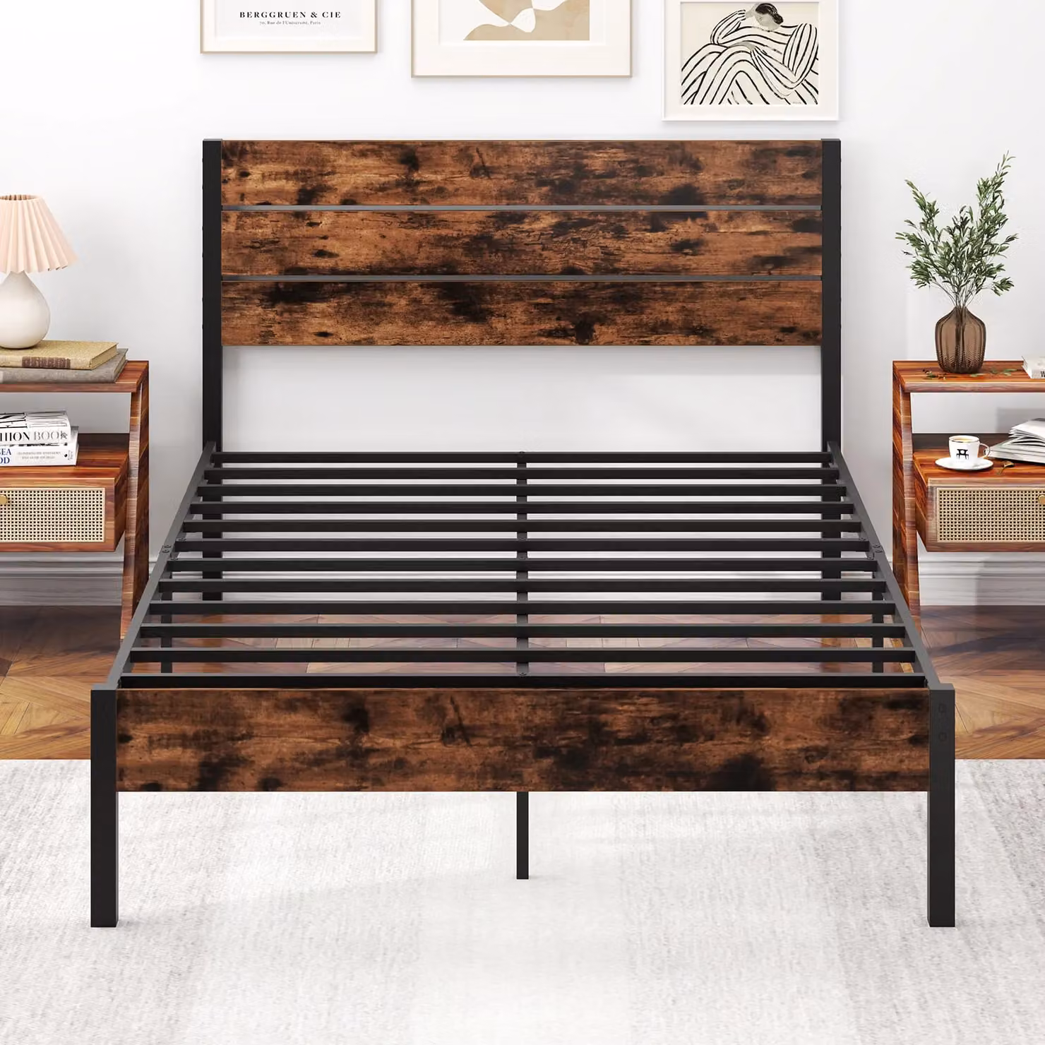Gymax Double Metal Platform Bed Frame with High Headboard, Brown, W/D/H: 140 x 200 cm – 5
