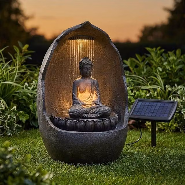 Garden Greatness Tranquil Buddha Hybrid Solar Water Feature Fountain in Grey and Multicolour, W/D/H: 36 x 39 x 60 cm