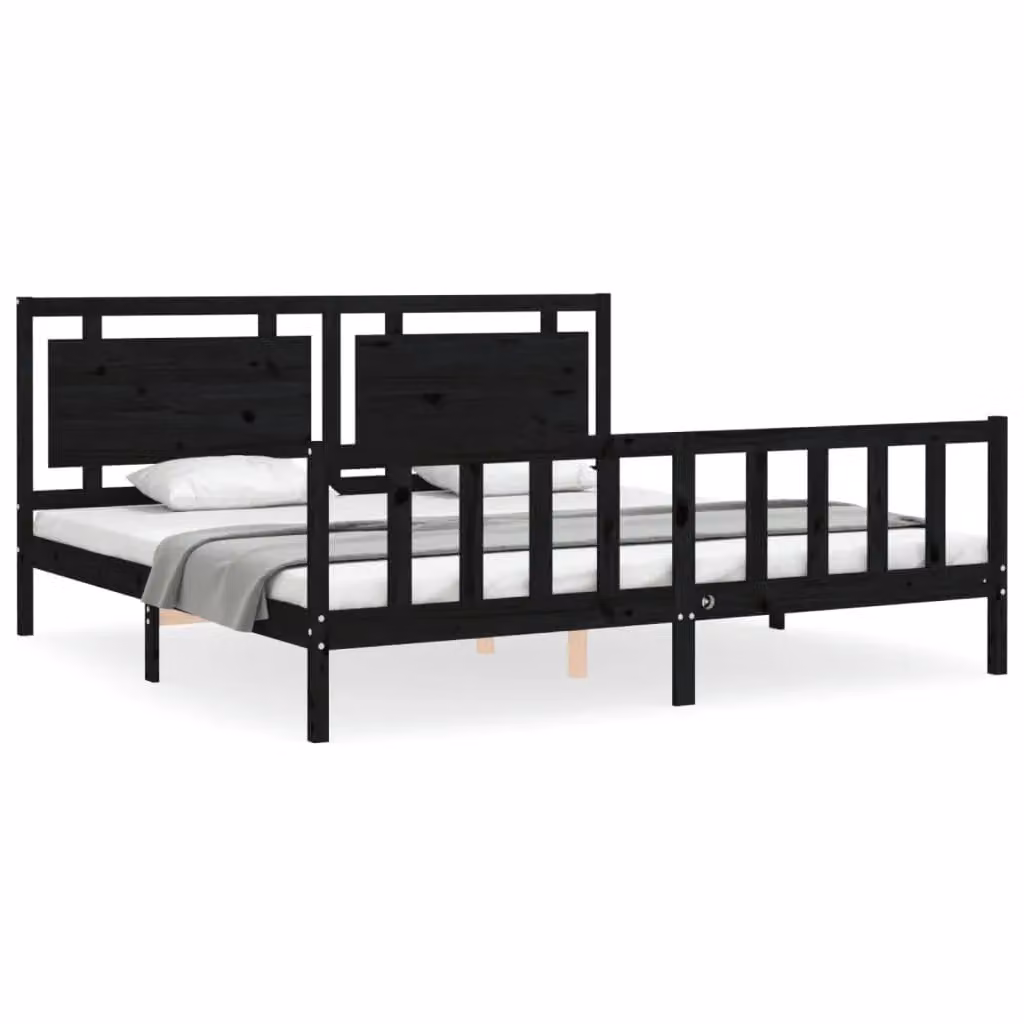 Berkfield Home Solid Wood Pine Bed Frame with Headboard in Black, 200 x 200 cm – 2