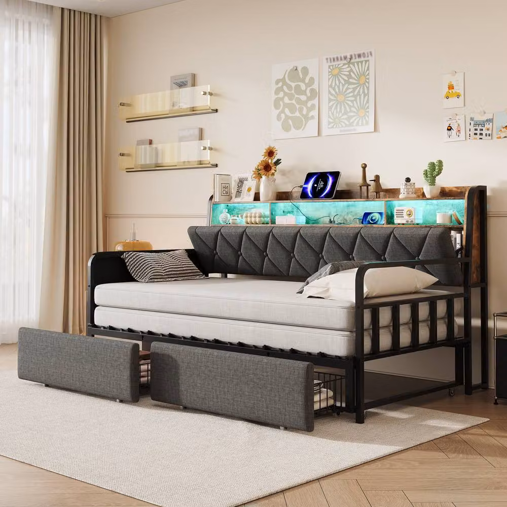 BTM Grey Upholstered Single Daybed Trundle Storage Bed Frame with LED Under-bed Lighting, USB Charging Port and Bedside Shelf, W/D/H: 190 x 90 x 110 cm – 2