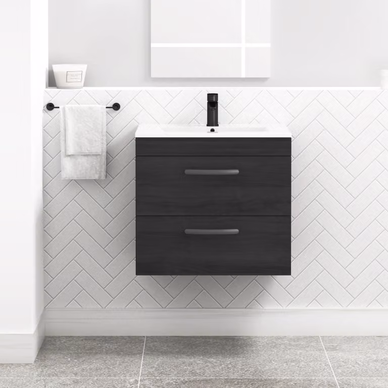 Royal Bathrooms Turin 600mm Wall Hung Vanity Unit in Hale Black with 2 Drawers and Matt Black Handles