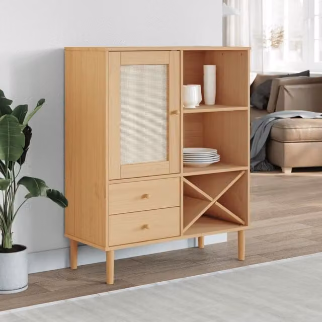 Berkfield Home Senja Highboard in Brown Rattan Look Solid Pine Wood, W/D/H: 90 x 40 x 112 cm – 1