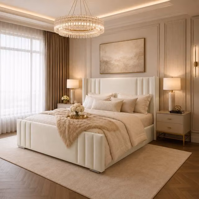 Desire Deco Adriel Luxury Wingback Upholstered Bed Frame in Yellow and Beige Velvet, W/D/H: 180 x 200 cm