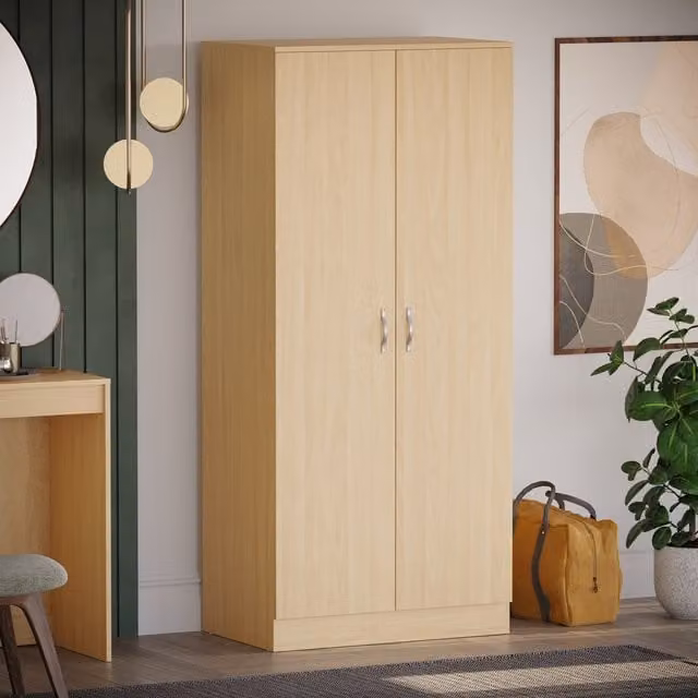 Vida Designs Modern Pine 2 Door Wardrobe in Brown with Silver and Beige Details