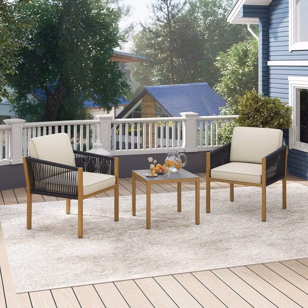 Costway 3-Piece Patio Bistro Set with Woven Rope and Cushions in Beige – 2