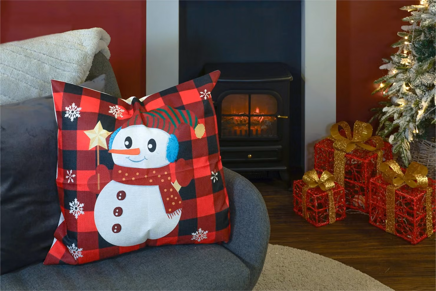 Netagon Red Snowman Design Christmas Themed Linen Cushion, W/D/H: 40 x 40 x 40 cm – 3