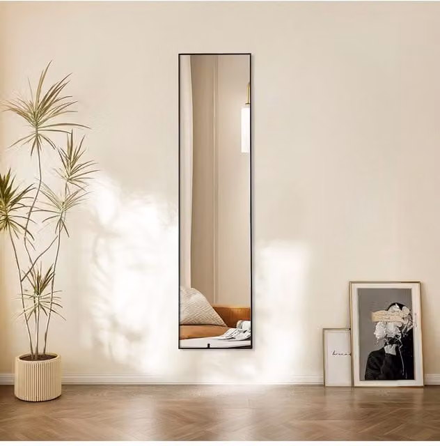 H&O Direct Modern Slim Frame Full Length Wall Mirror in Black, W: 30 cm, H: 120 cm